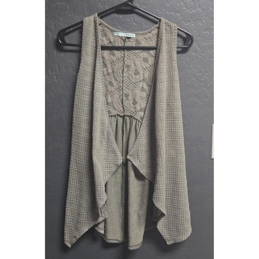 Olive Green Lace Back Open Front Vest Boho Sleeveless Cardigan Small